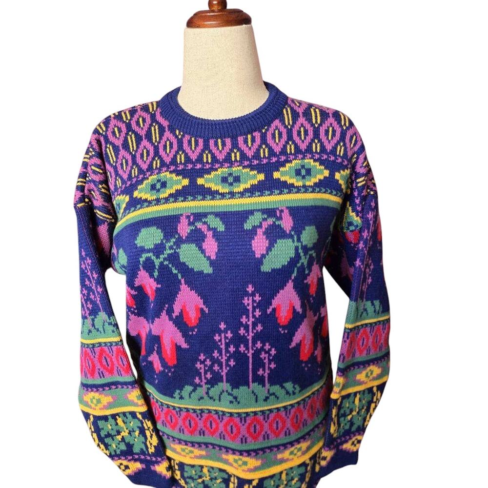 Vintage 80's Emerald‎ Isle Colorful Knit Crewneck Sweater size medium Ireland